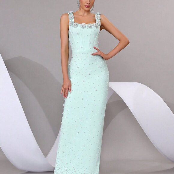 Baby Blue Elegant Women's Pearl Sparkling Maxi Dress - Picture 4 of 8